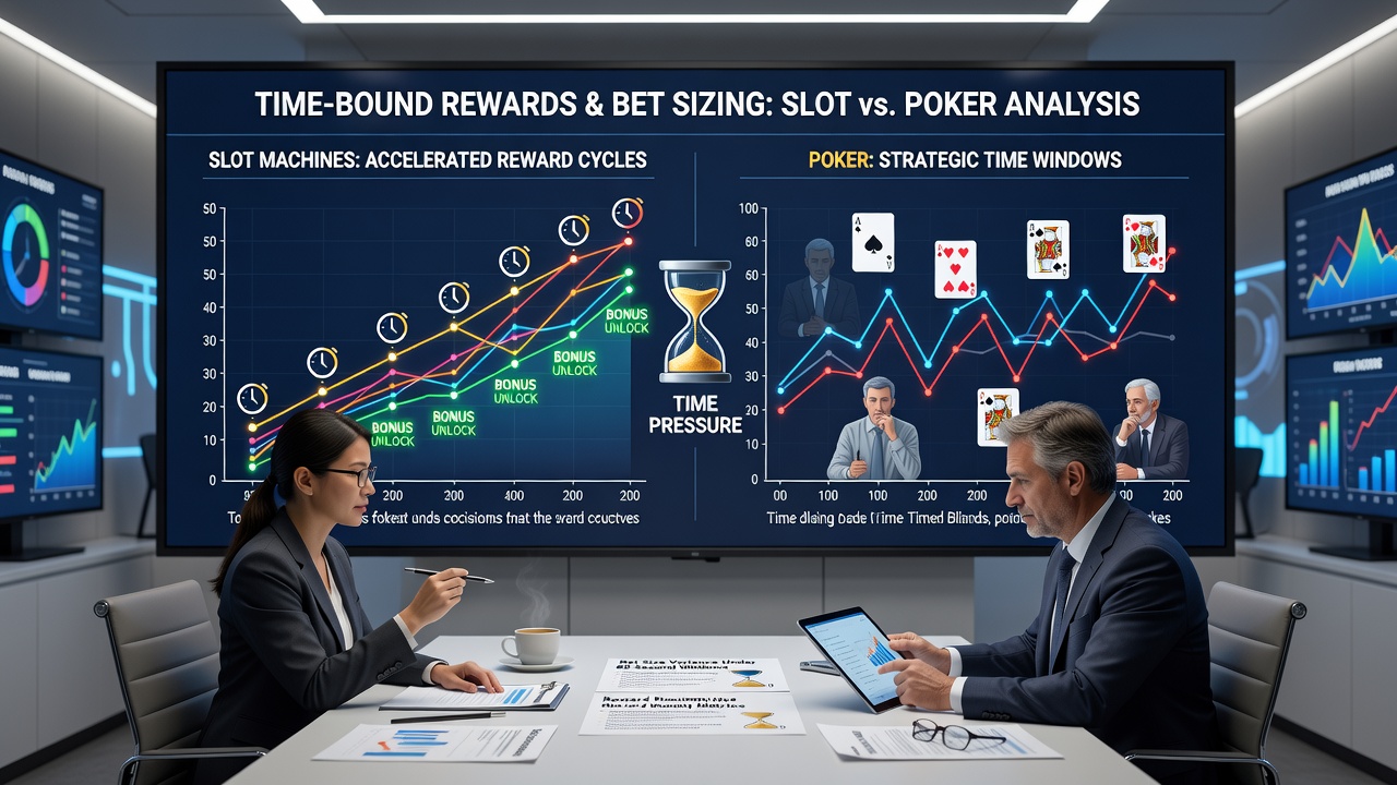 Split-screen view of a poker table and slot machine with countdown timers visible on both