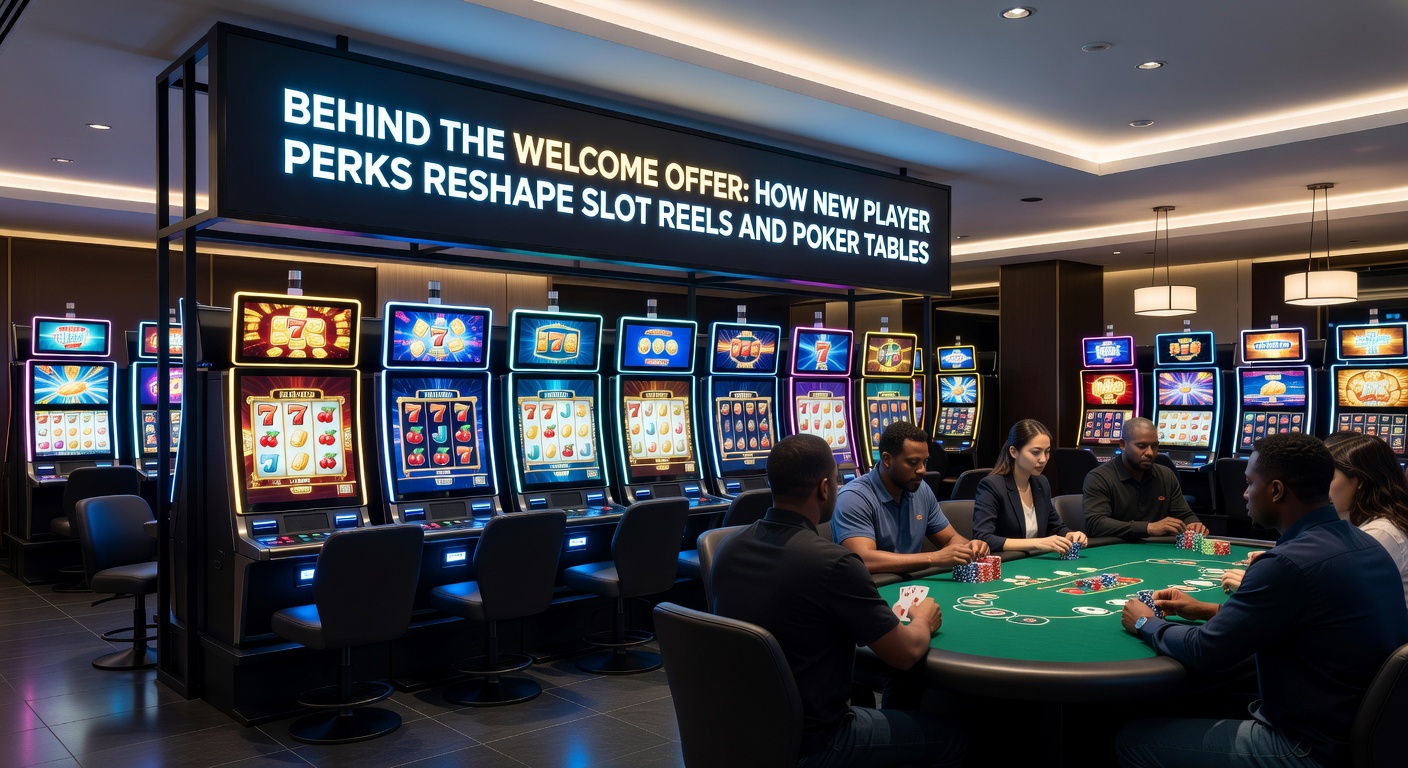 Poker table with virtual cards and chips, overlaid with welcome bonus notifications reshaping the betting structure for new players