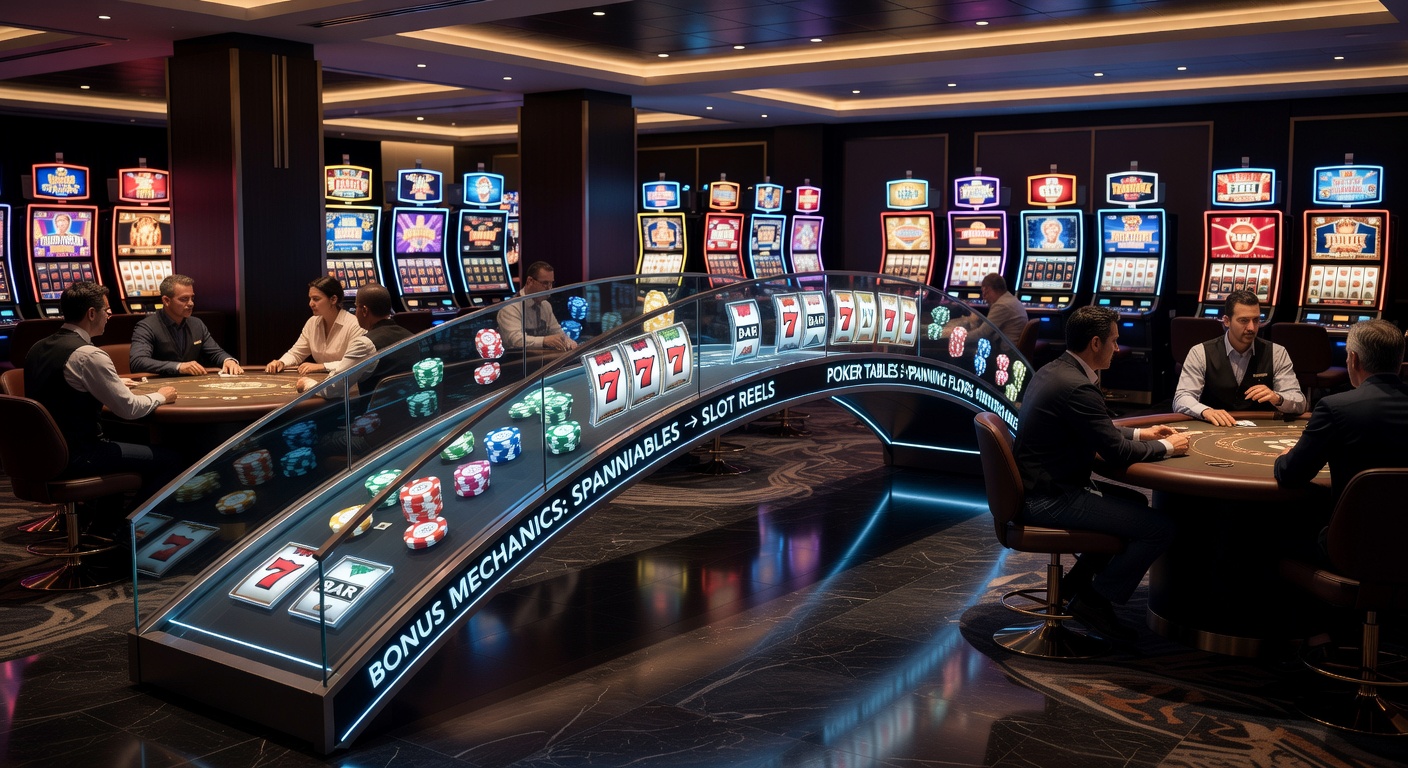 Vibrant casino floor scene showing poker tables adjacent to flashing slot machines, with overlaid bonus icons connecting the two gaming areas