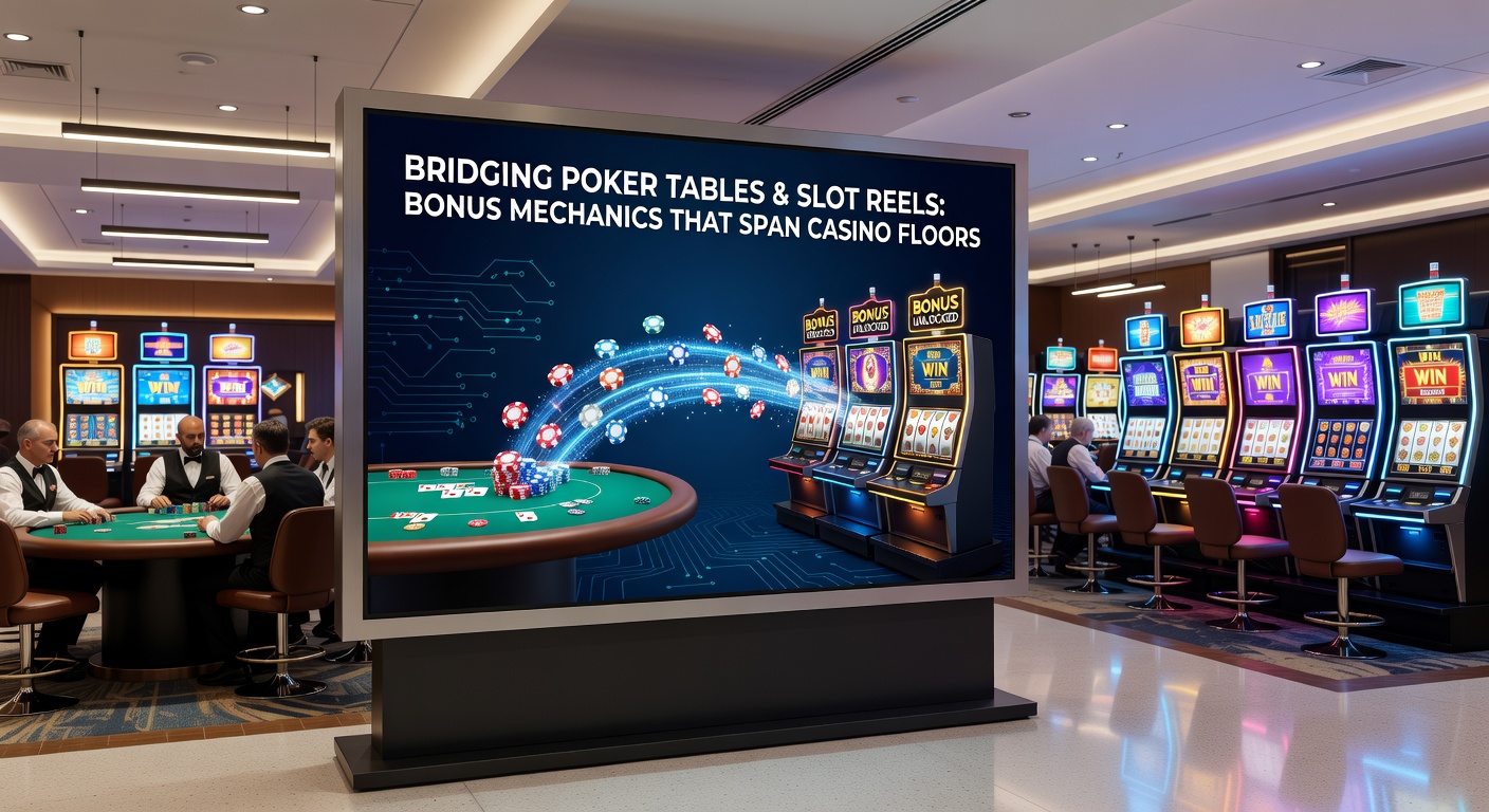 Close-up of a player's loyalty card being scanned at a poker table, transitioning to slot reels activating a shared bonus round