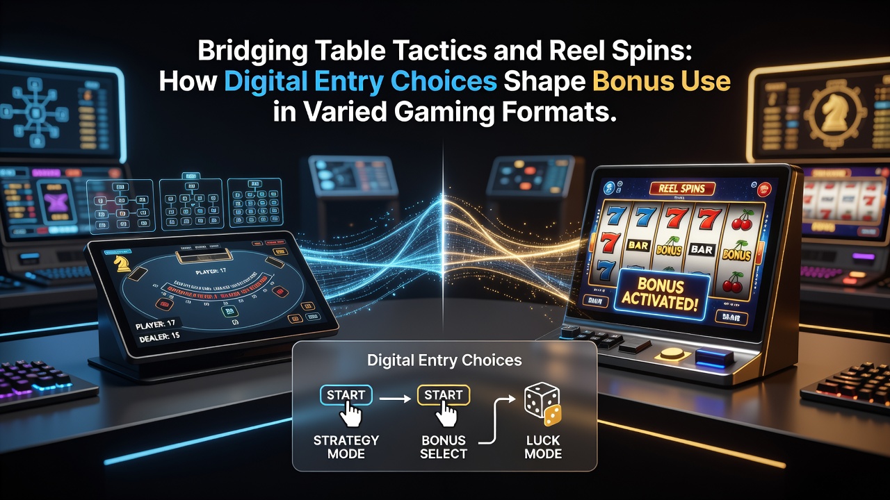 Comparison graphic depicting bonus flow from digital sign-up screens to both table game interfaces and slot reel displays