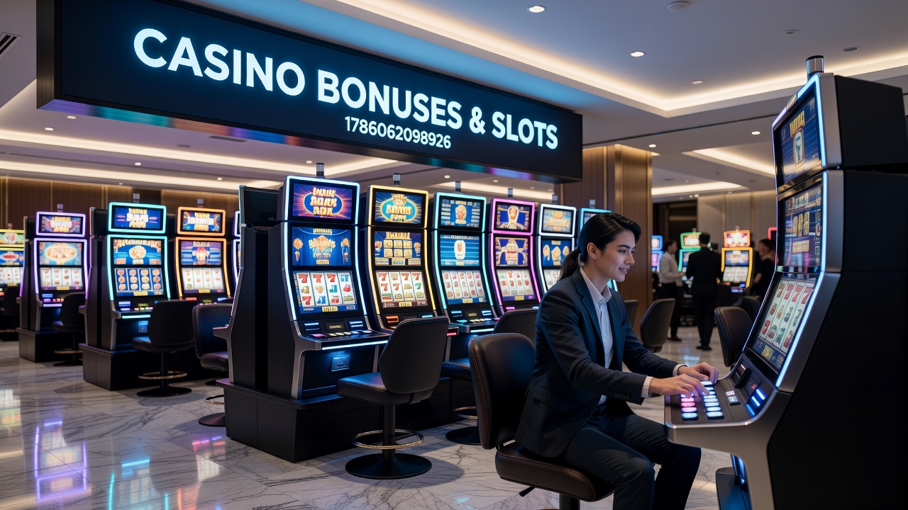 Players reviewing slot bonus terms on a digital interface with game reels visible