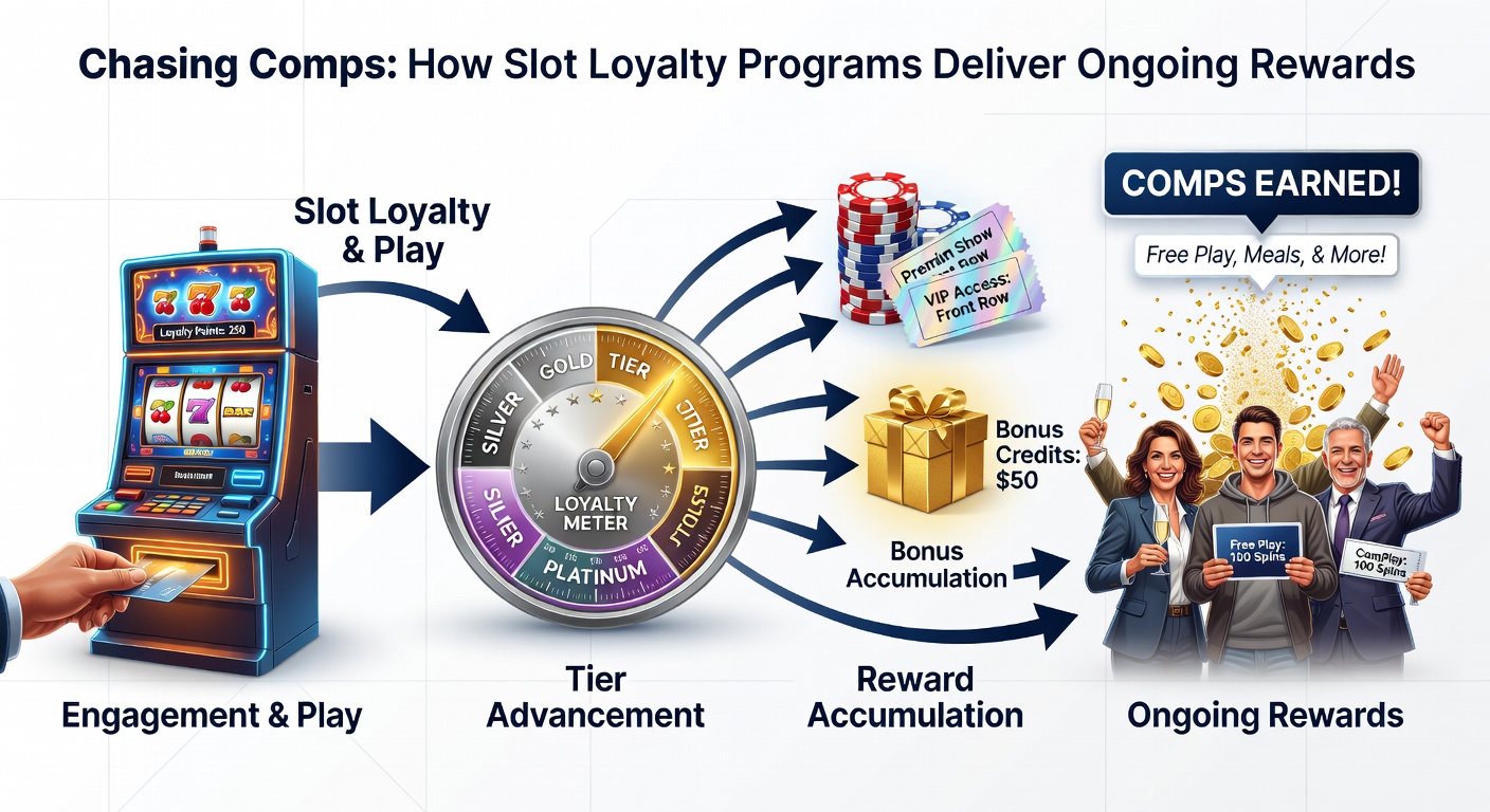 Loyalty program dashboard on a mobile device illustrating tier progression, points balance, and available comp redemptions amid colorful slot graphics
