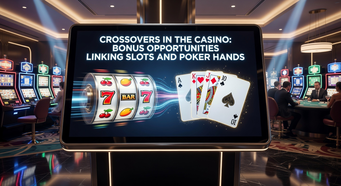 Casino floor showing slot machines and poker tables side by side with glowing bonus overlays connecting them
