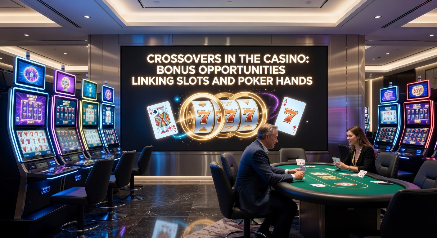 Digital screen displaying a crossover bonus activation with slot reels morphing into poker cards and chip stacks growing