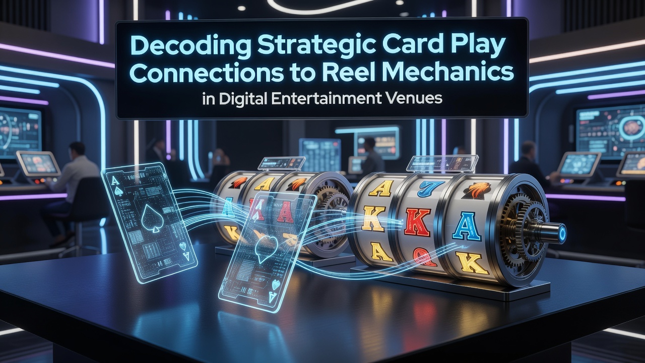 Digital interface showing card game elements merging with spinning reel symbols in an online entertainment platform