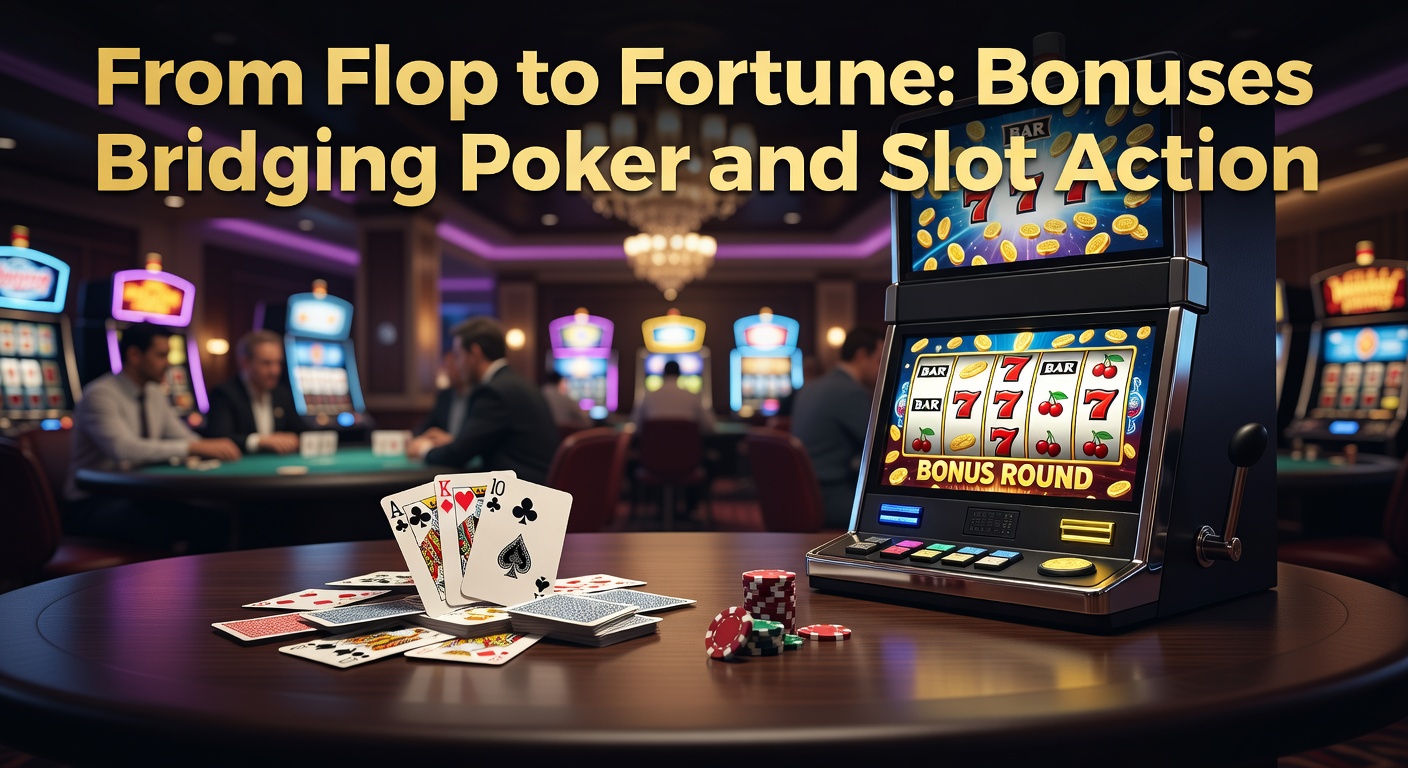 Poker chips and slot reels merging in a casino bonus promotion graphic, symbolizing the transition from table games to machines via incentives