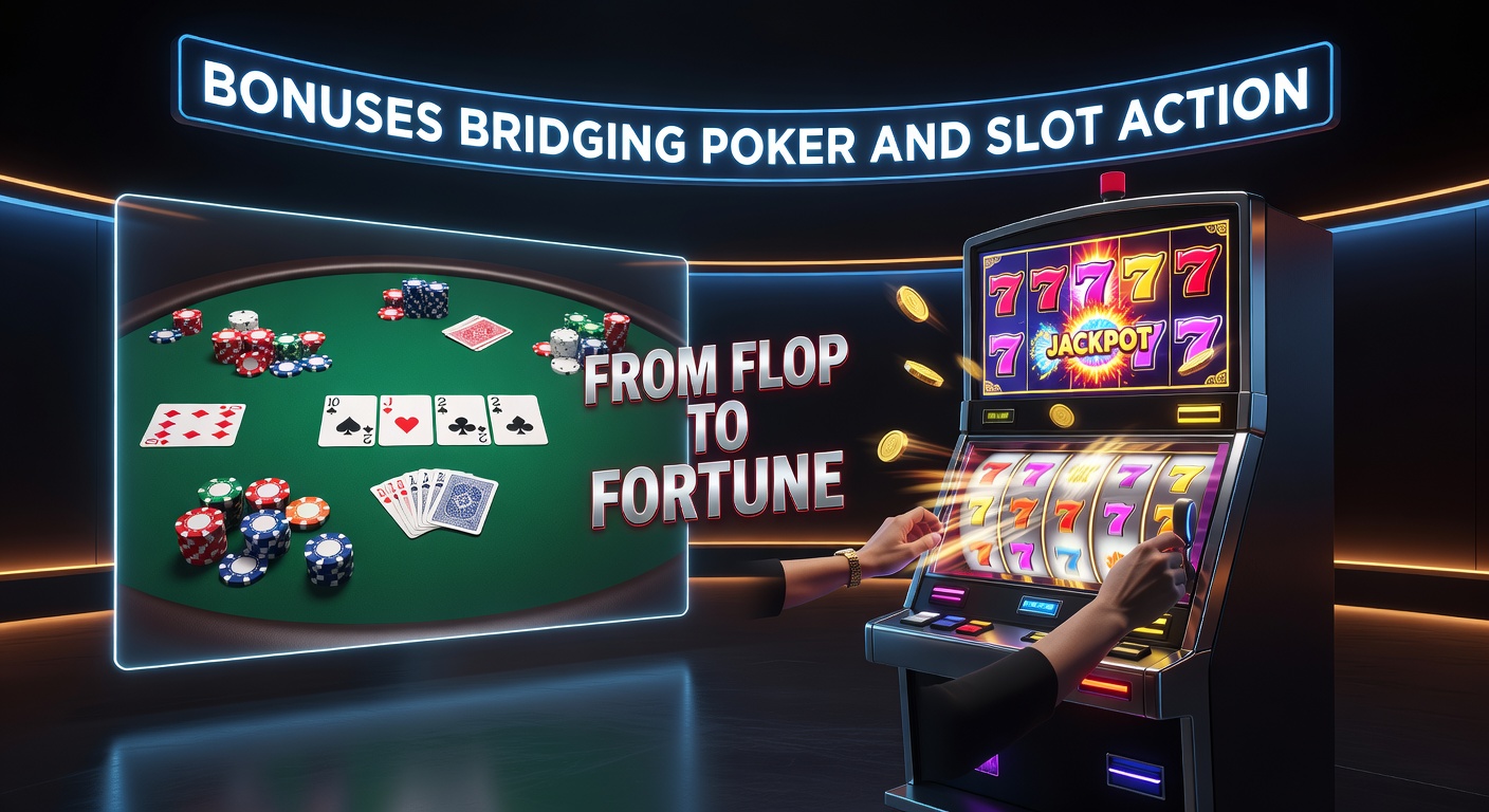 Dynamic casino scene showing a poker player transitioning to a slot machine win, illuminated by bonus lights and chip stacks