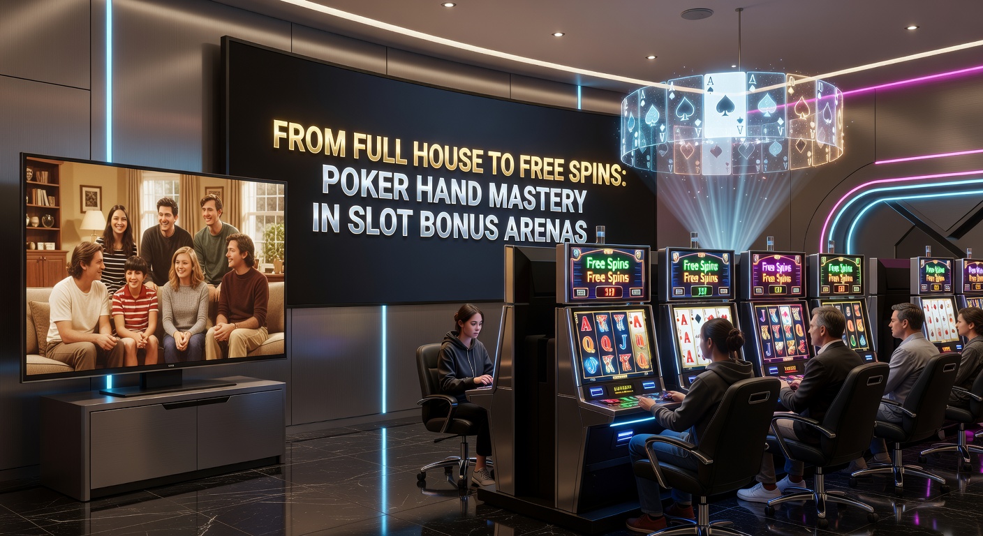 Close-up of a poker-themed slot bonus round showing a full house payout with free spins exploding on screen amid card symbols