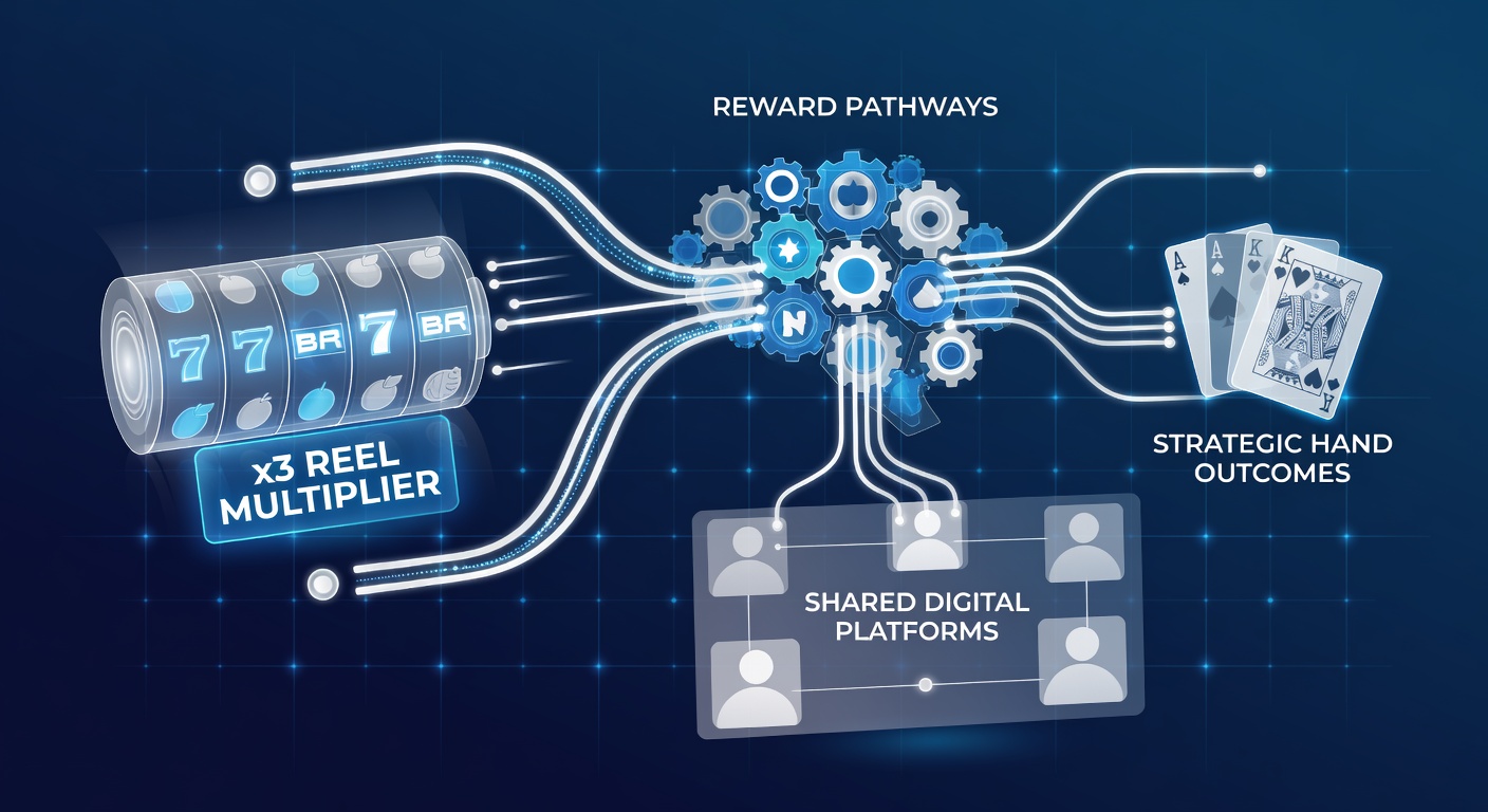 Digital interface showing interconnected slot reels and poker tables with reward pathways highlighted