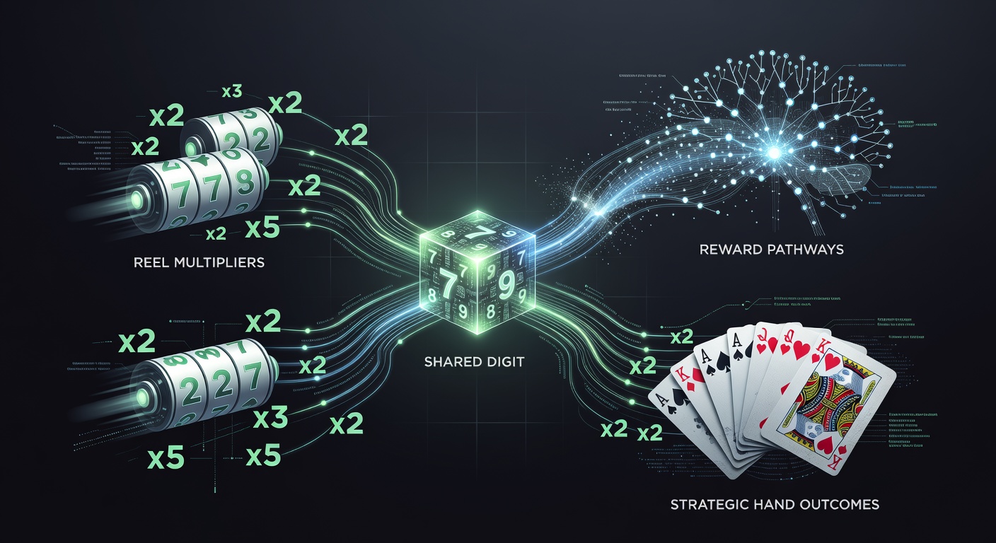 Network diagram illustrating reward pathways between slot multipliers and poker hands on a shared platform
