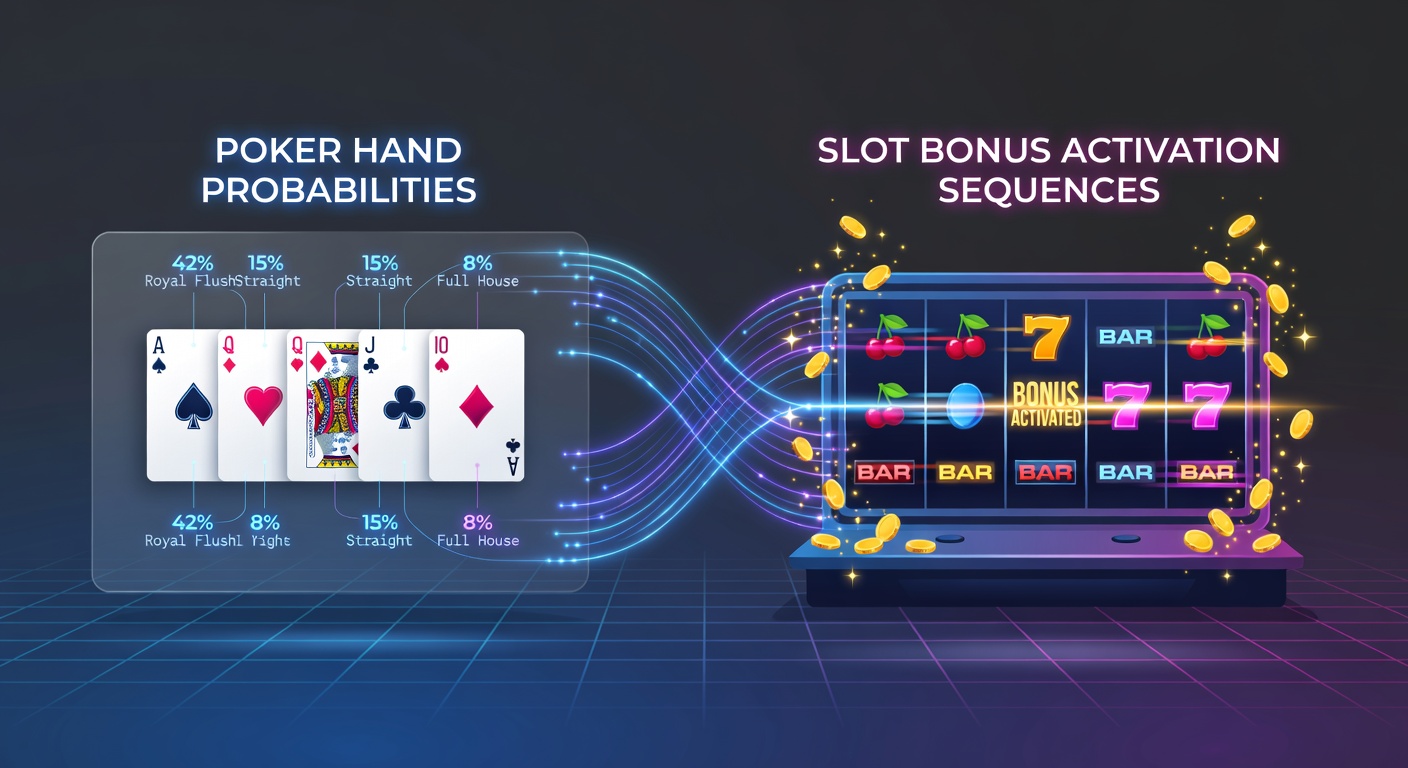 Digital interface showing poker hand probabilities overlaid on slot bonus activation sequences