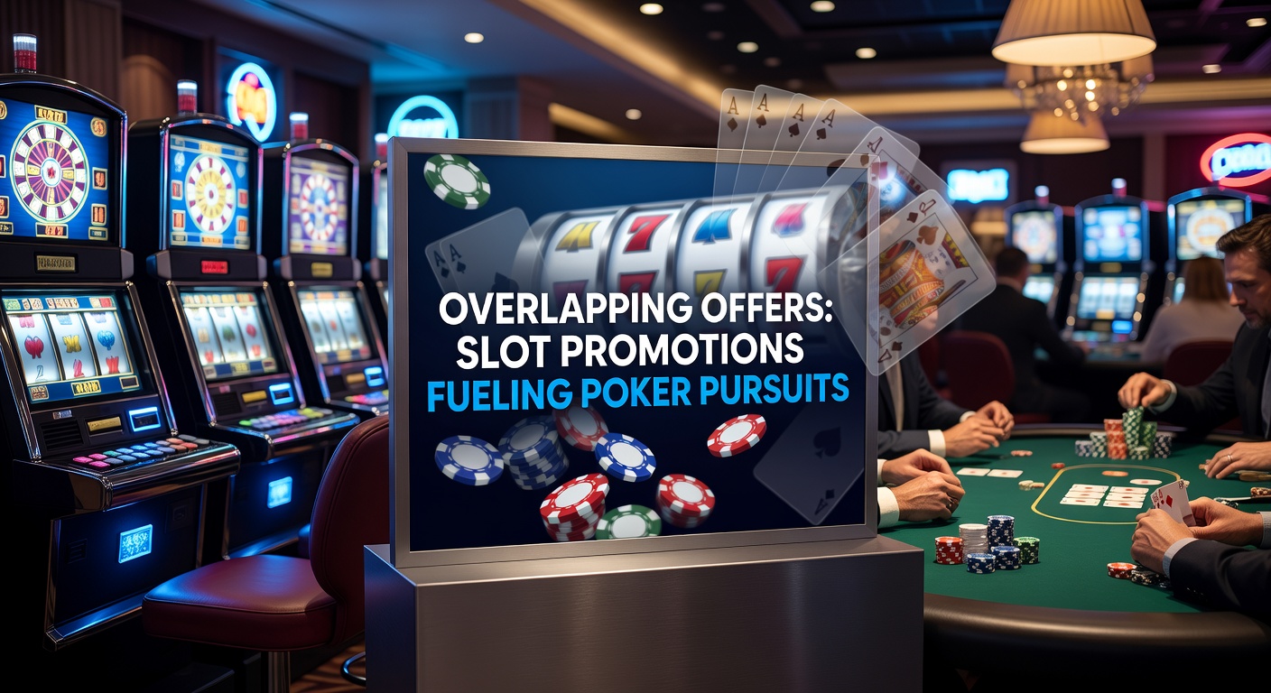 Vibrant casino floor showing slot machines adjacent to lively poker tables, highlighting cross-game promotional banners