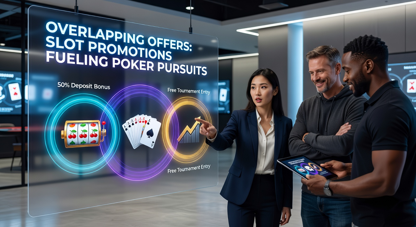 Close-up of a poker player at the table glancing at a slot machine screen displaying an active bonus promotion