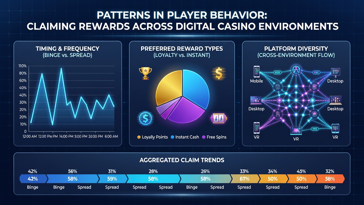 Heatmap of reward claims by device type across various time zones in online casinos