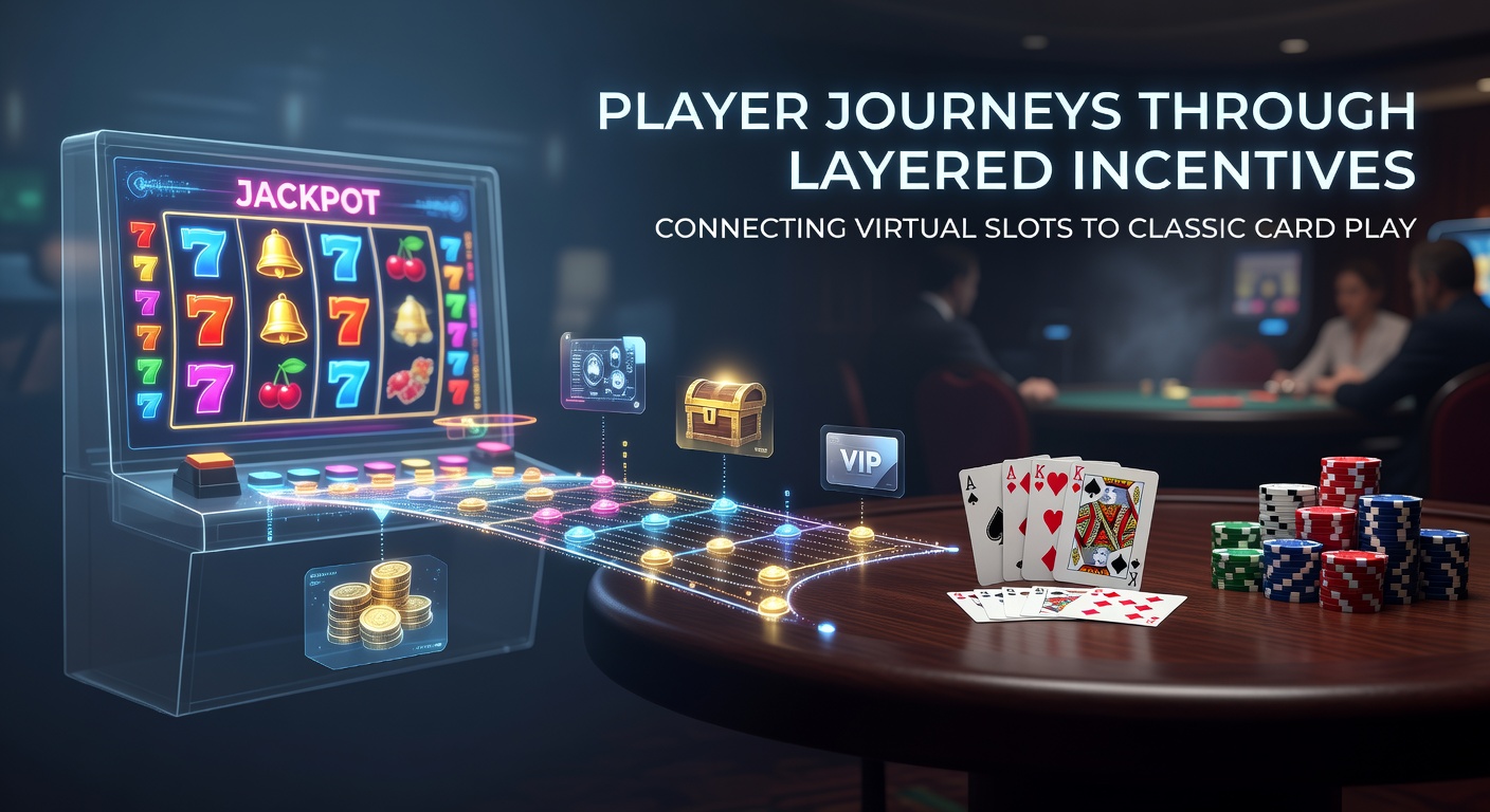 Illustration showing a digital slot machine interface transitioning into a classic poker table with layered reward icons connecting the two gaming experiences