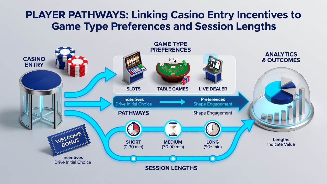 Data visualization of player pathways showing connections between incentives, game preferences like slots versus tables, and varying session lengths