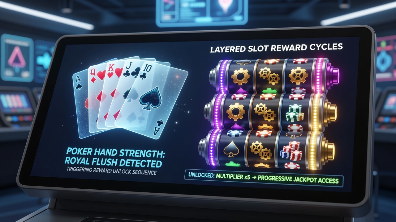 Layered reward cycle interface showing poker hand triggers connected to slot bonus stages