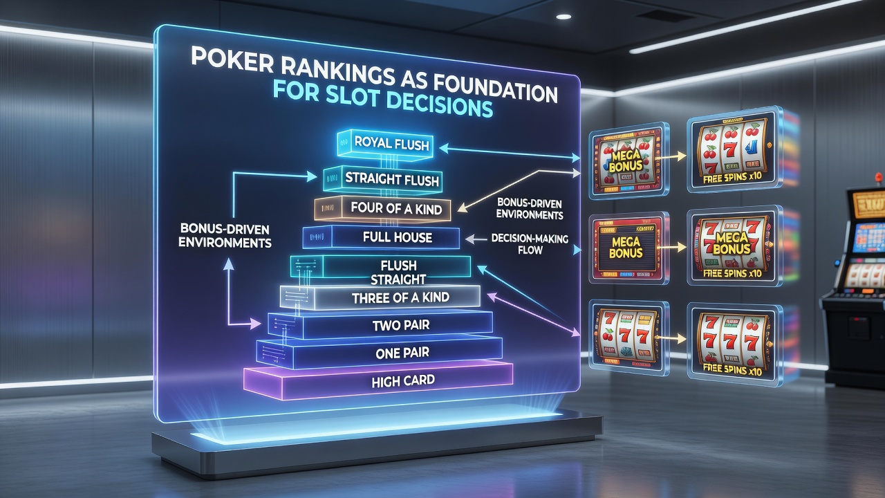 Player reviewing slot game statistics alongside poker probability notes during a bonus session