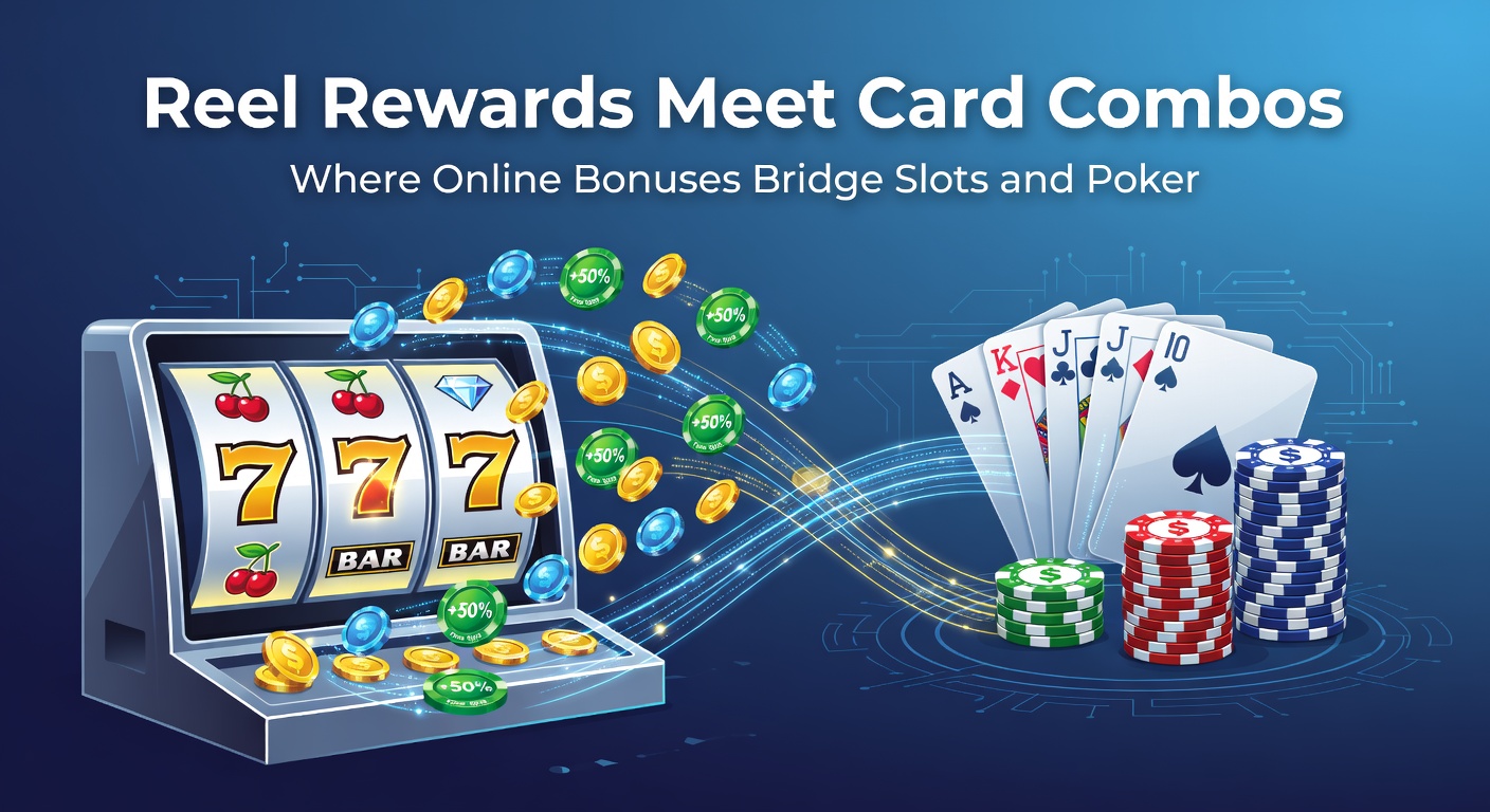Vibrant digital artwork showing spinning slot reels merging into poker card hands, with glowing bonus symbols connecting the two game worlds