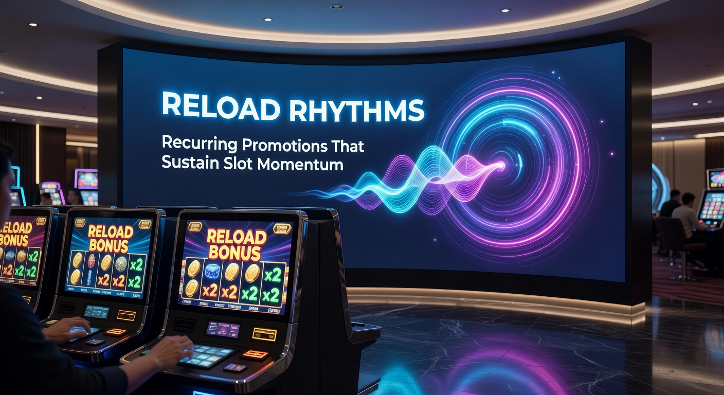 Vibrant slot machine display showing recurring bonus notifications and spinning reels with promotional overlays