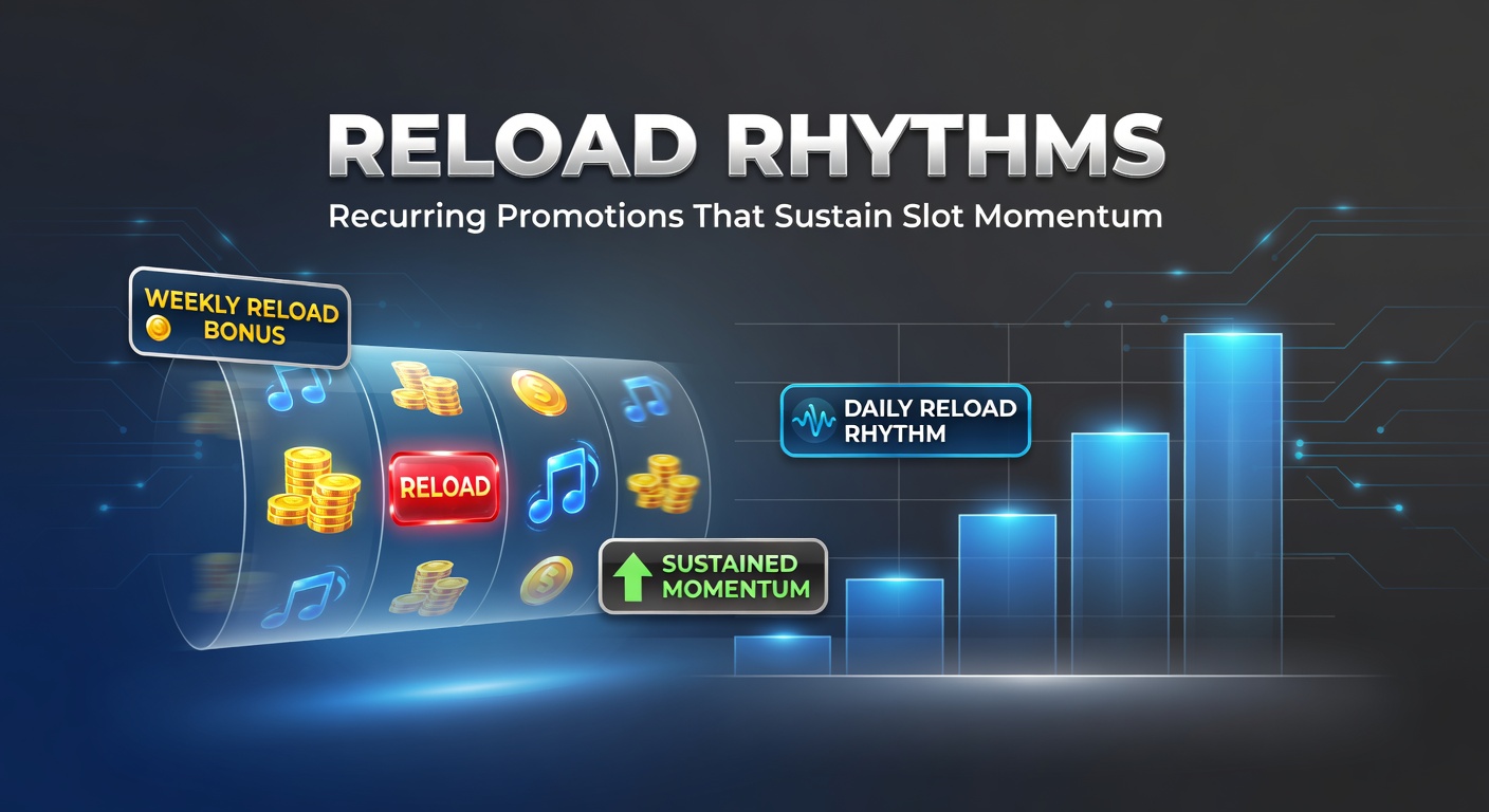 Calendar graphic illustrating weekly reload bonus cycles on slot games, with icons for deposits, spins, and rewards