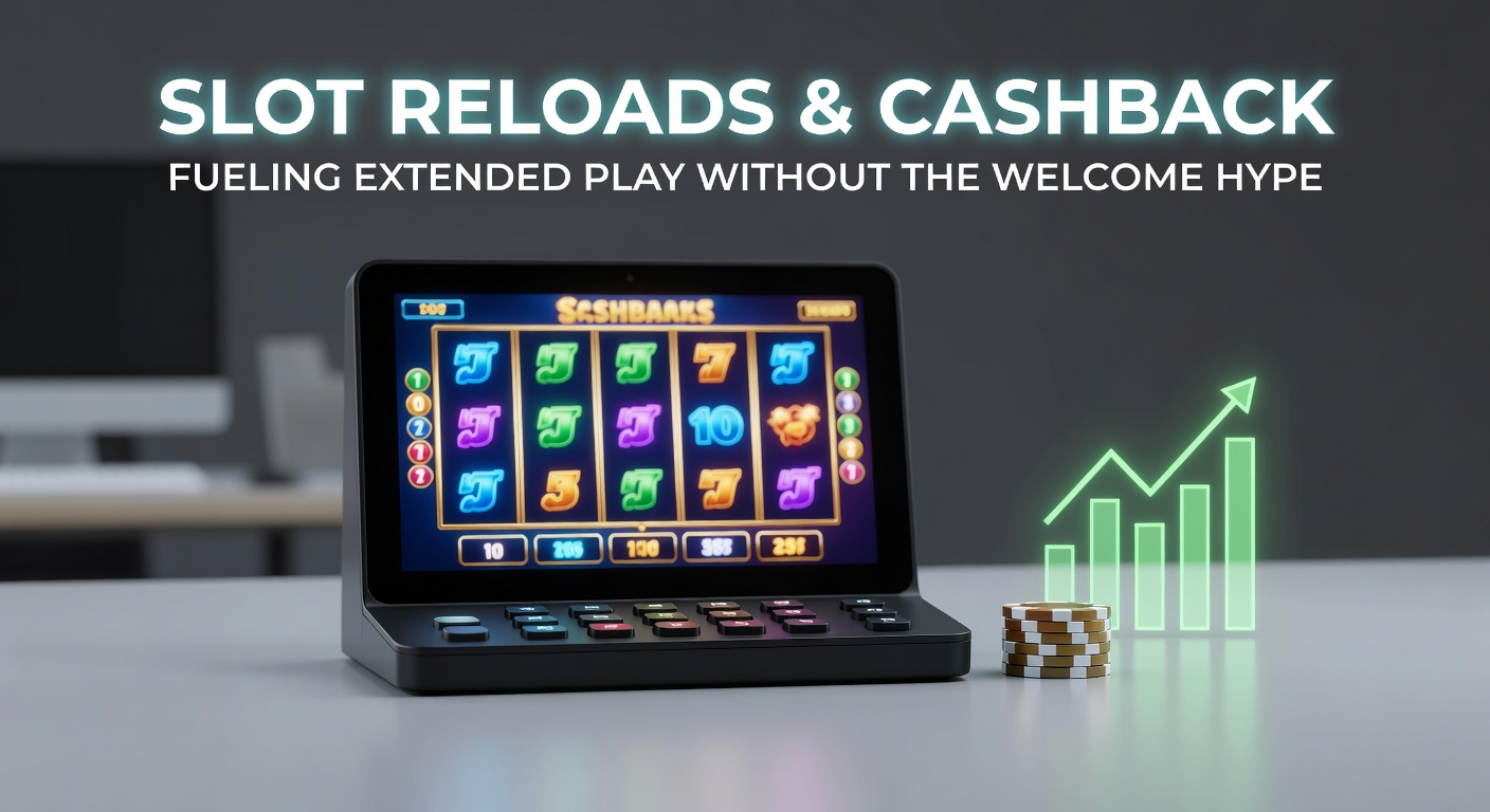 Vibrant slot reels spinning with overlay icons representing reload bonuses and cashback rewards, illustrating extended gameplay incentives