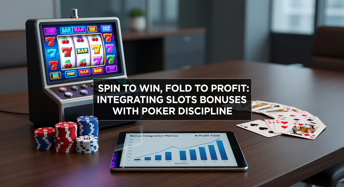 Player at a casino table balancing slots spins and poker cards, symbolizing disciplined integration of bonuses