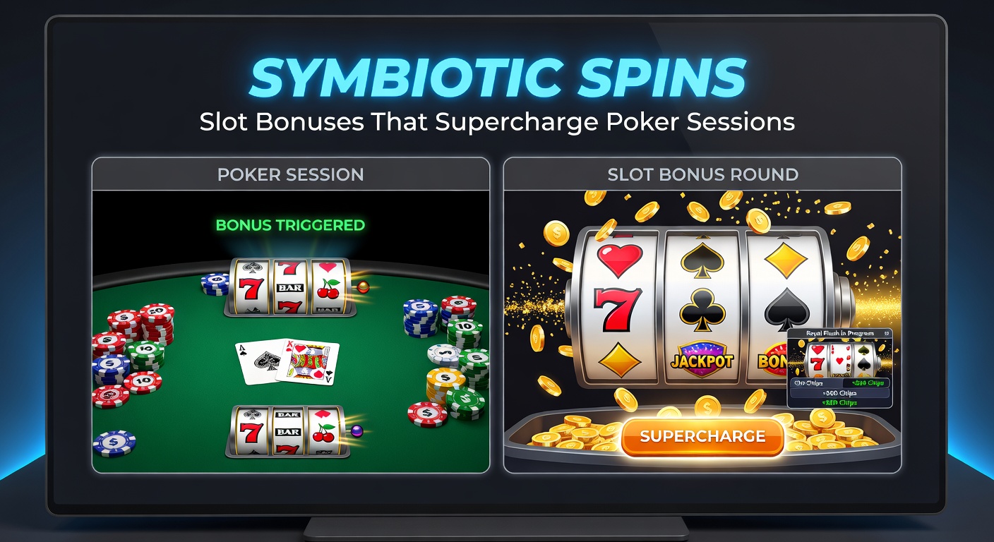 Close-up of a poker player at a table with slot bonus notifications popping up on a linked app screen
