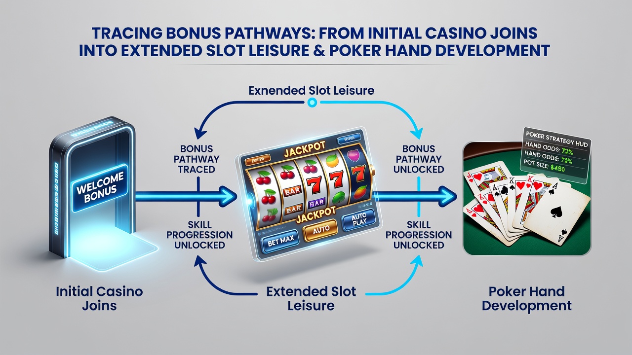 Diagram showing progression from slot sessions into poker hand development stages