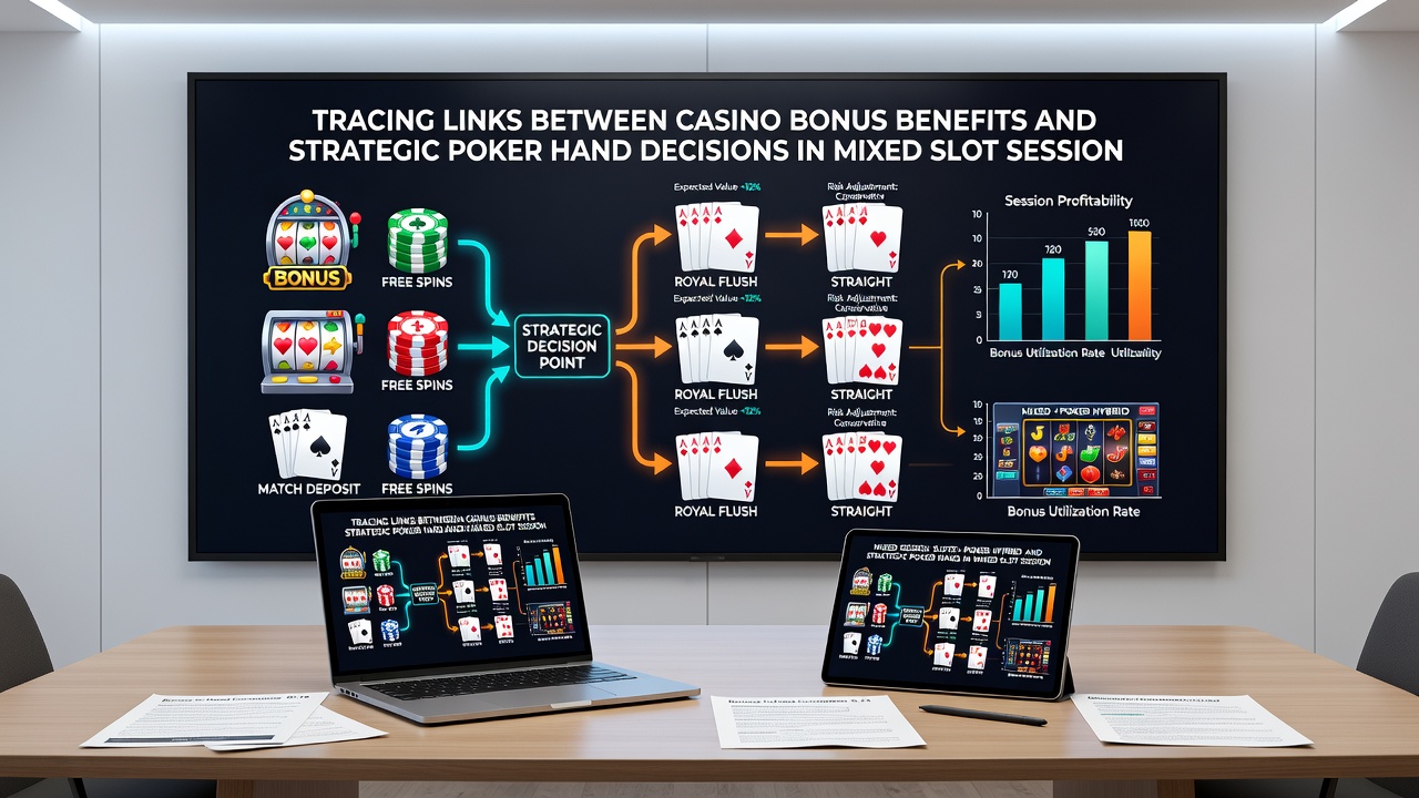 Detailed view of poker hand rankings chart next to a slot machine interface displaying active bonus progress and wagering meter