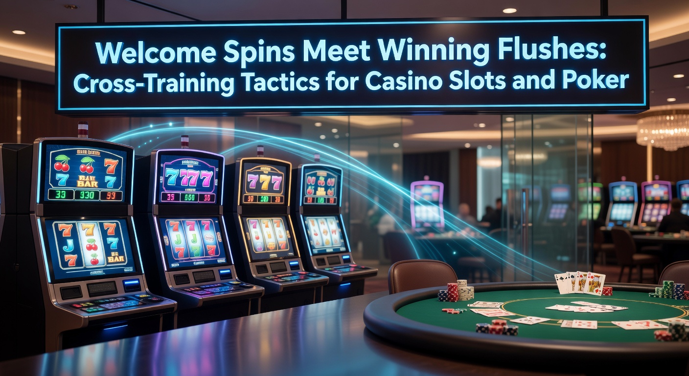 Vibrant casino scene blending slot reels with poker cards, illustrating cross-training strategies