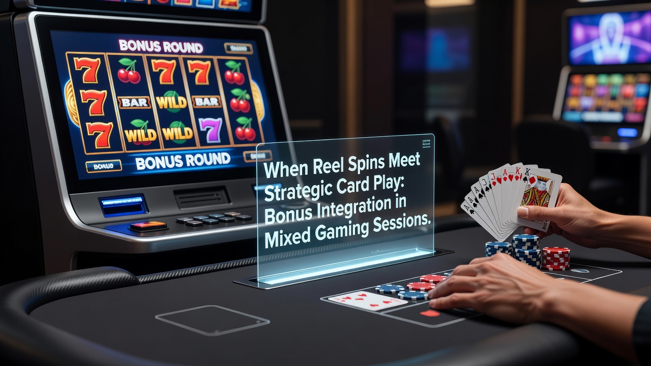Illustration of integrated casino gaming interface showing slot reels alongside card tables with bonus indicators