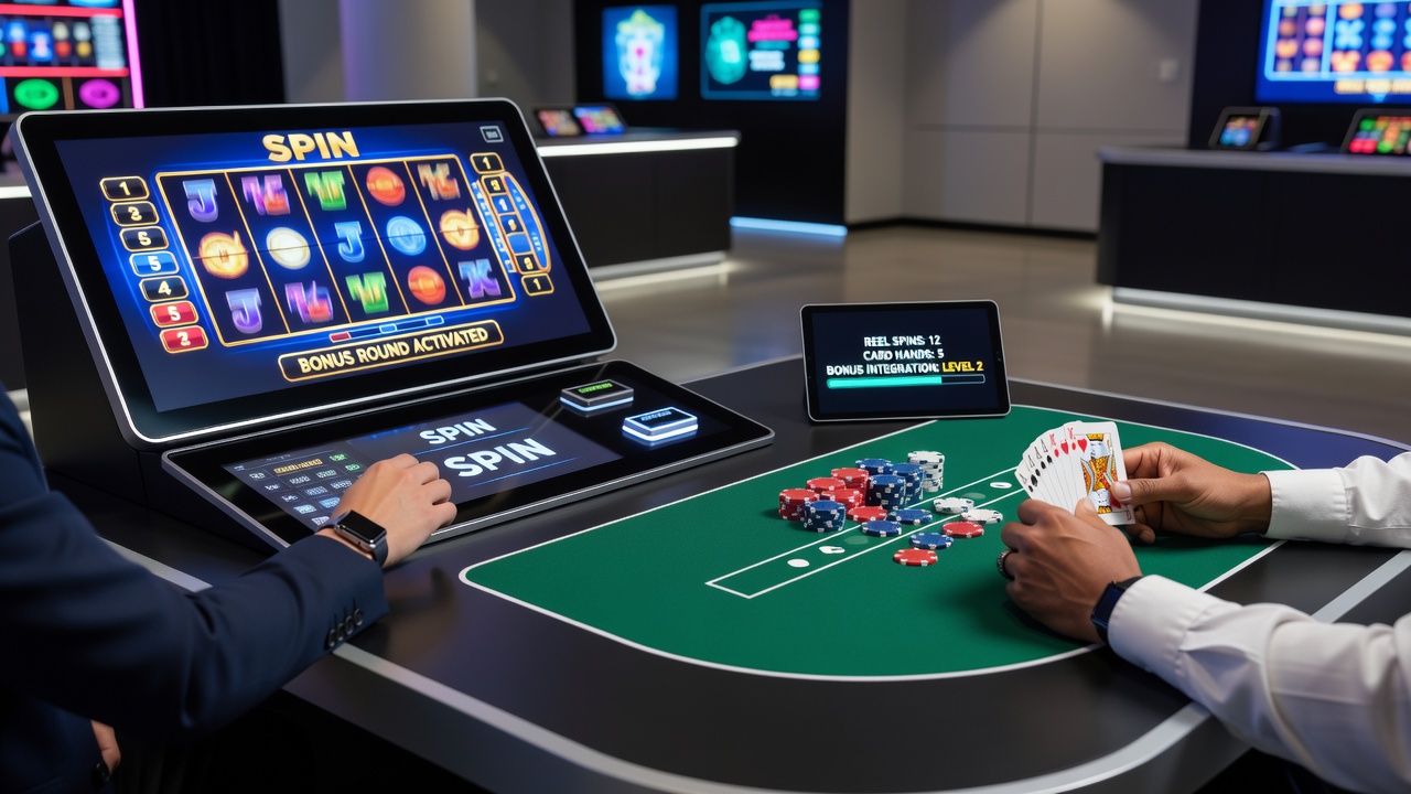Split-screen view of a player engaging with digital slot reels and live dealer card table during a bonus session